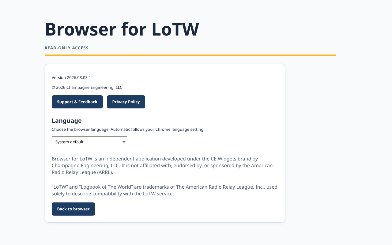 Browser for LoTW Chrome extension About screen with support, privacy, and language options