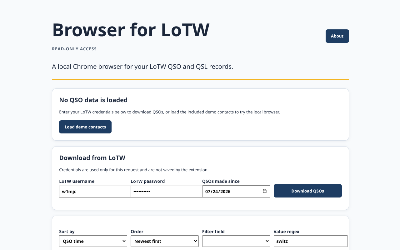 Browser for LoTW Chrome extension screen for downloading and managing records