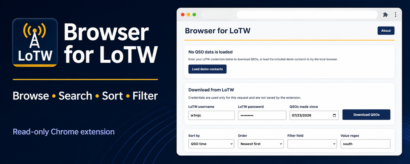 Browser for LoTW Chrome extension showing Browse, Search, Sort, and Filter features