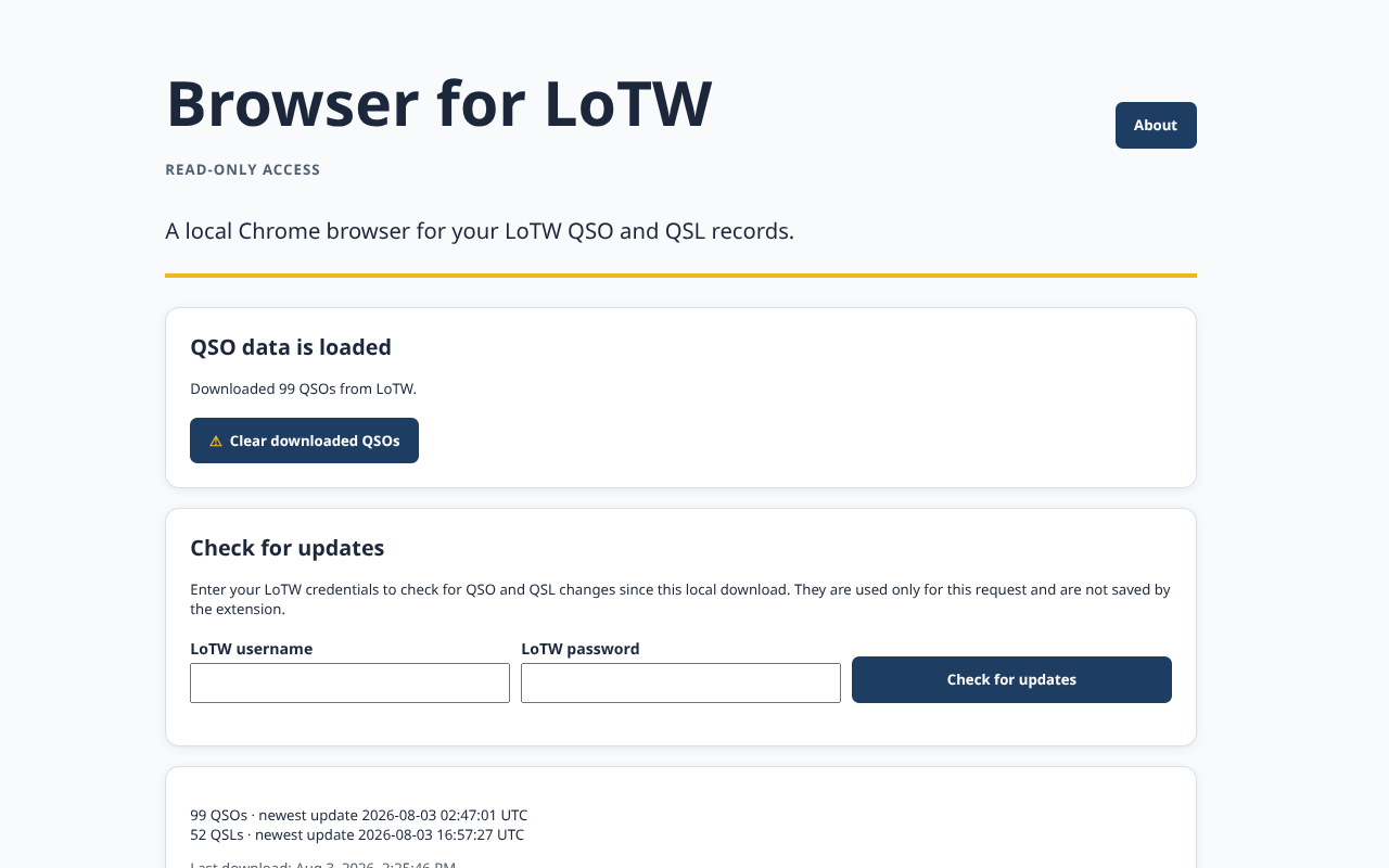 Browser for LoTW Chrome extension records list showing QSO and QSL information