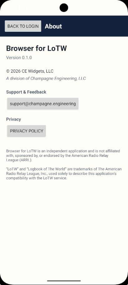 Browser for LoTW About screen with support and privacy options
