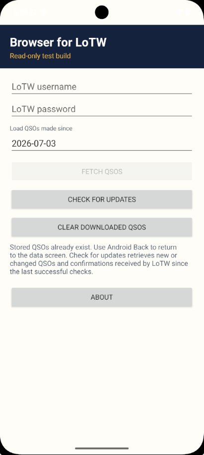 Browser for LoTW screen for fetching and managing downloaded records