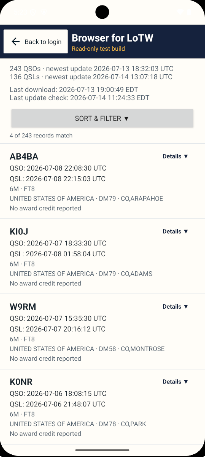Browser for LoTW records list showing QSO and QSL information