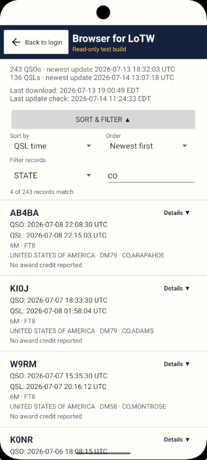Browser for LoTW sort and filter controls