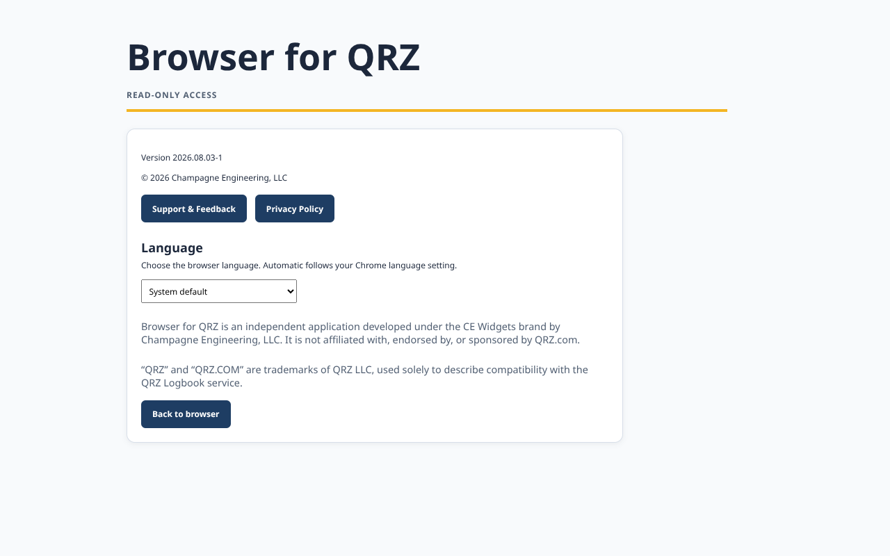 Browser for QRZ Chrome extension About screen with support, privacy, and language options