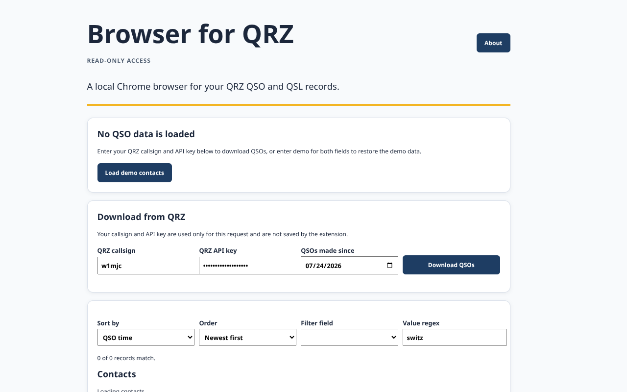 Browser for QRZ Chrome extension screen for downloading and managing records