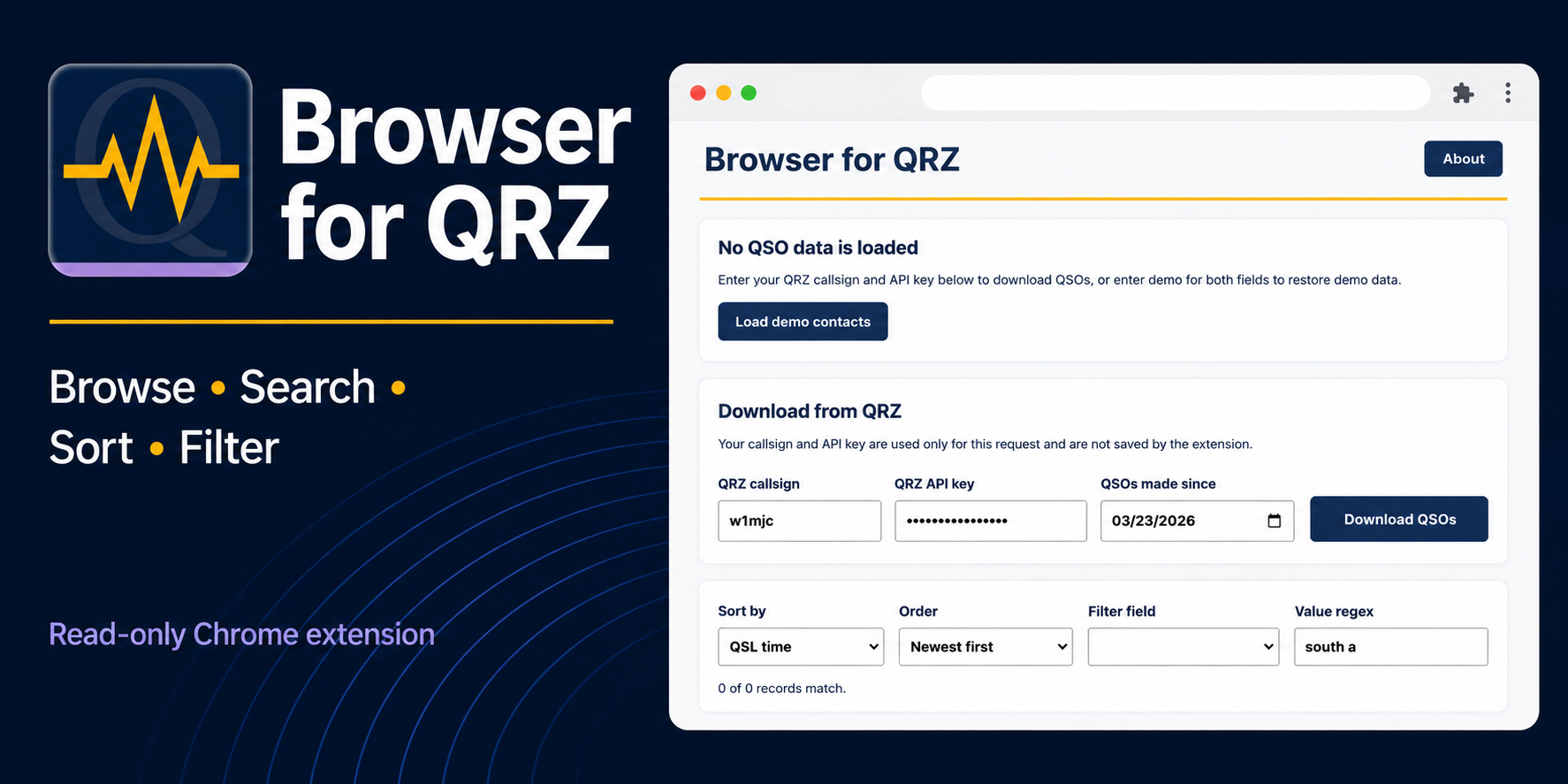 Browser for QRZ Chrome extension showing Browse, Search, Sort, and Filter features