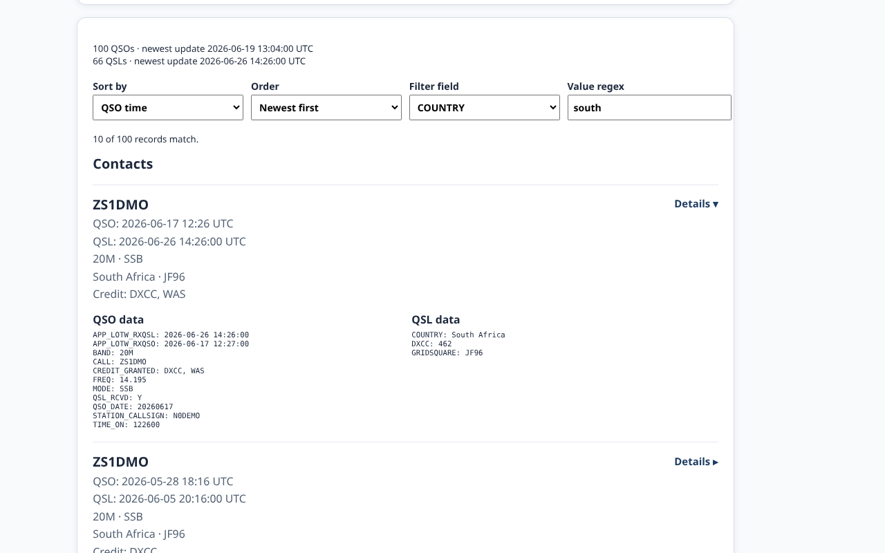 Browser for QRZ Chrome extension expanded QSO detail view