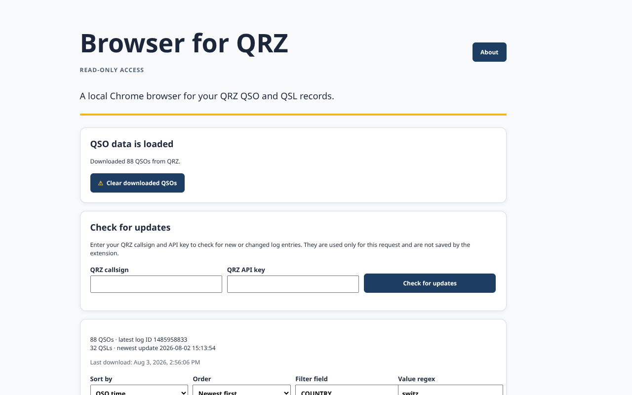 Browser for QRZ Chrome extension records list showing QSO and QSL information