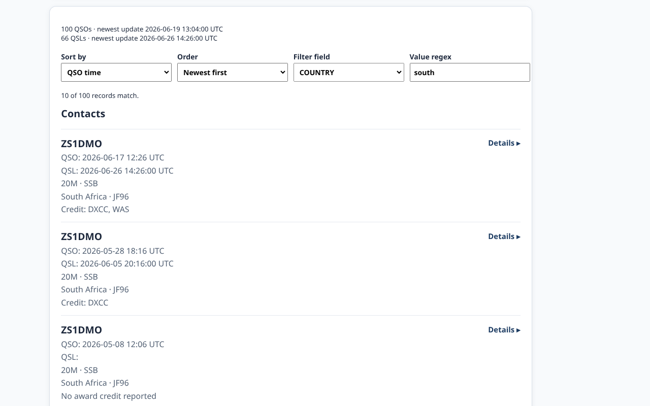 Browser for QRZ Chrome extension sort and filter controls