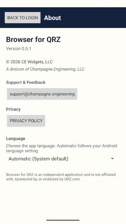 Browser for QRZ About screen with support, privacy, and language settings