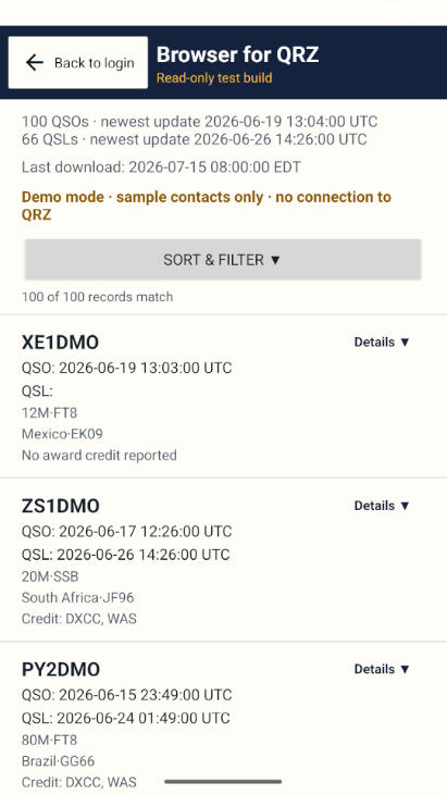 Browser for QRZ records list showing QSO and QSL information