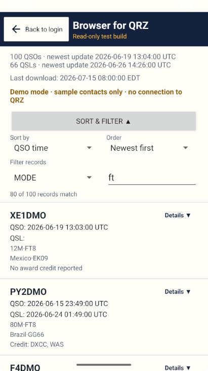 Browser for QRZ sort and filter controls