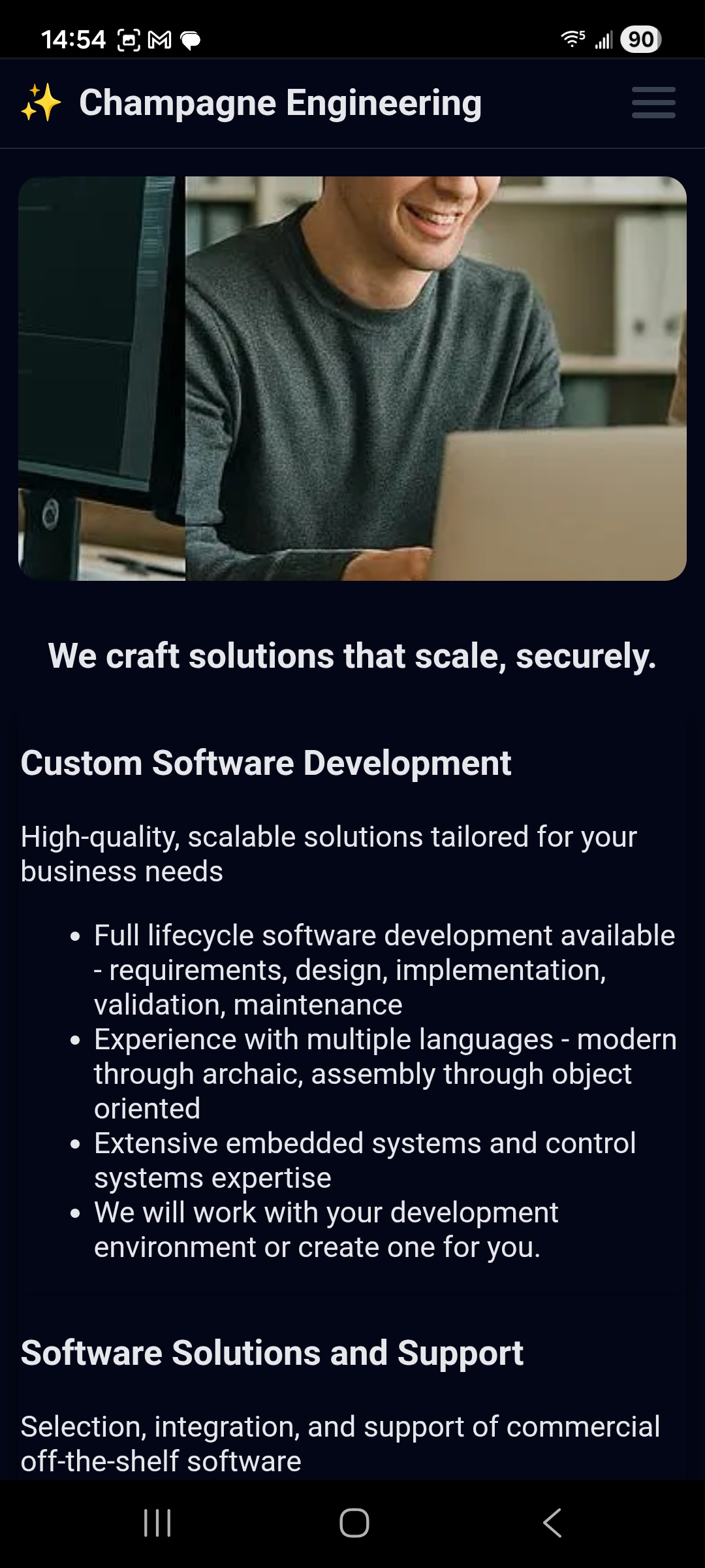 Champagne Engineering Android companion app showing services