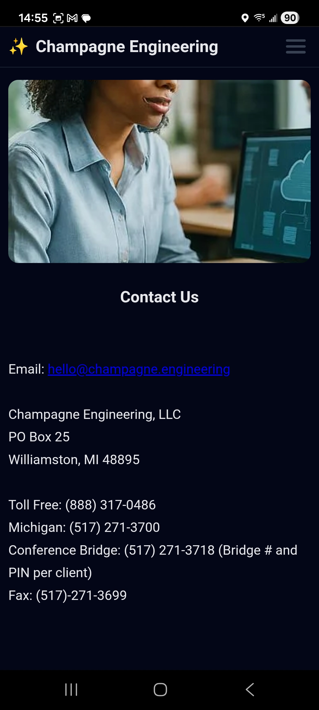 Champagne Engineering Android companion app showing contact information