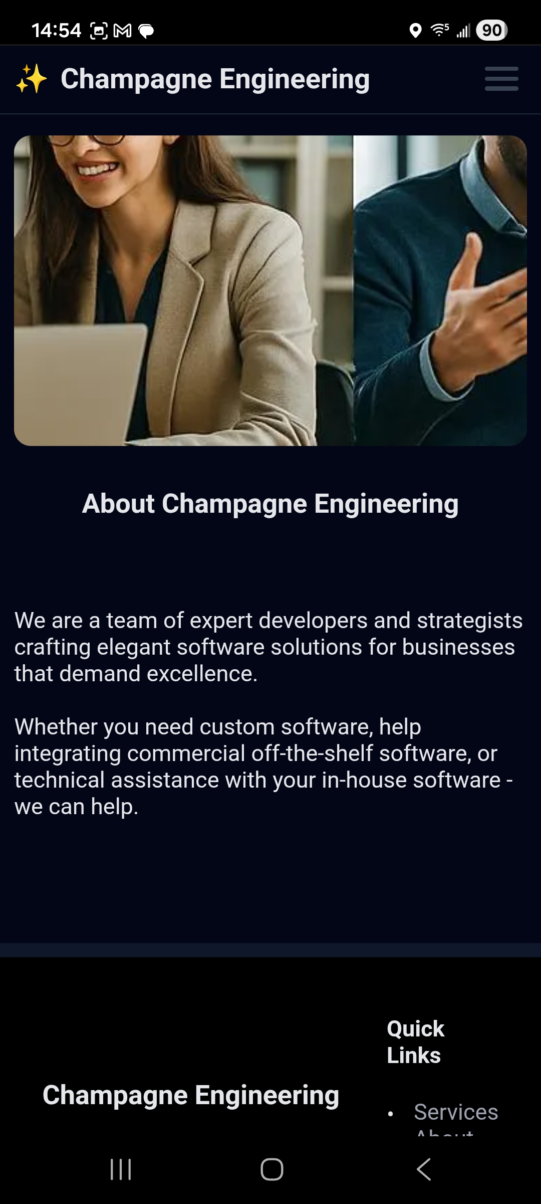 Champagne Engineering Android companion app showing information about the company