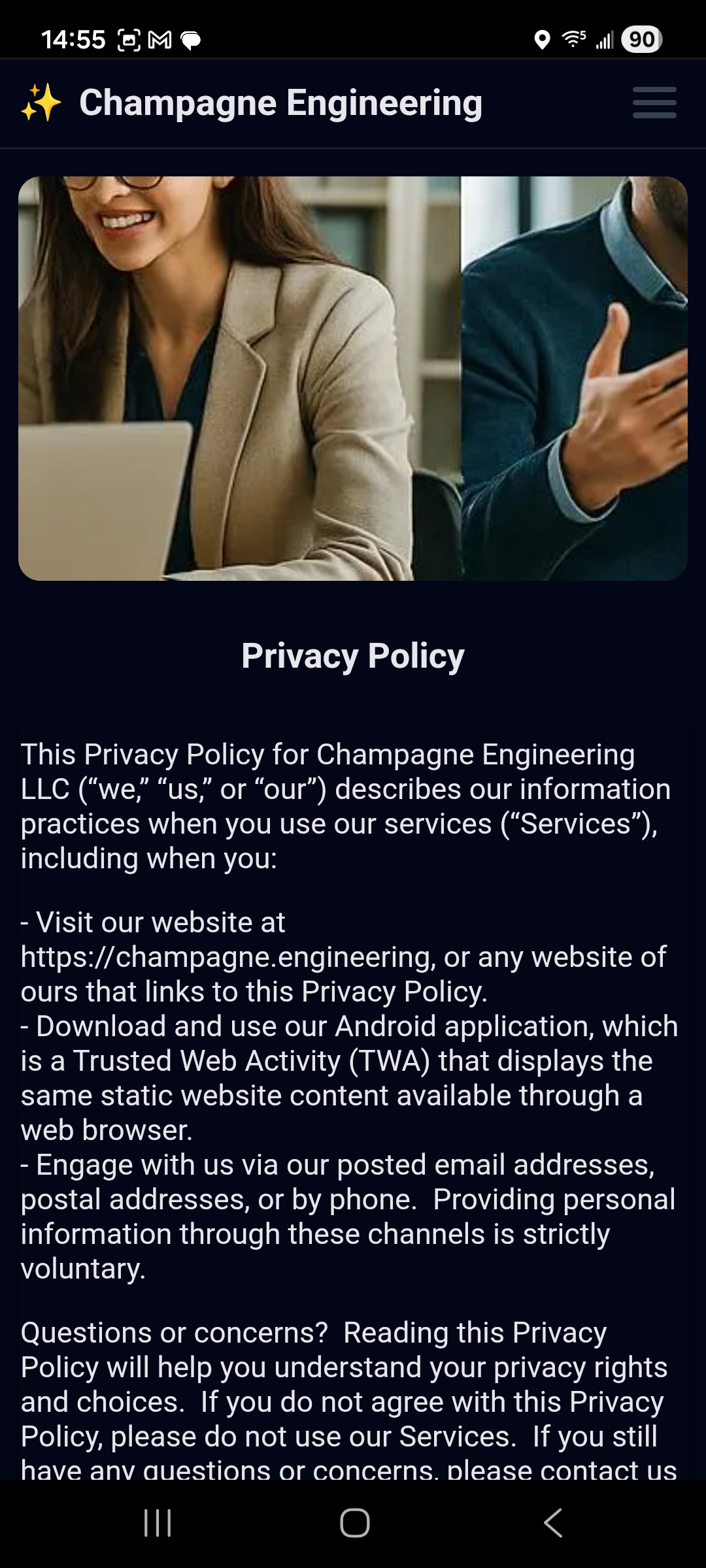 Champagne Engineering Android companion app showing privacy information